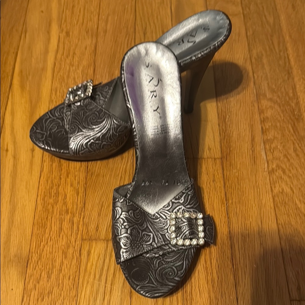 Silver Embossed Heeled Sandals